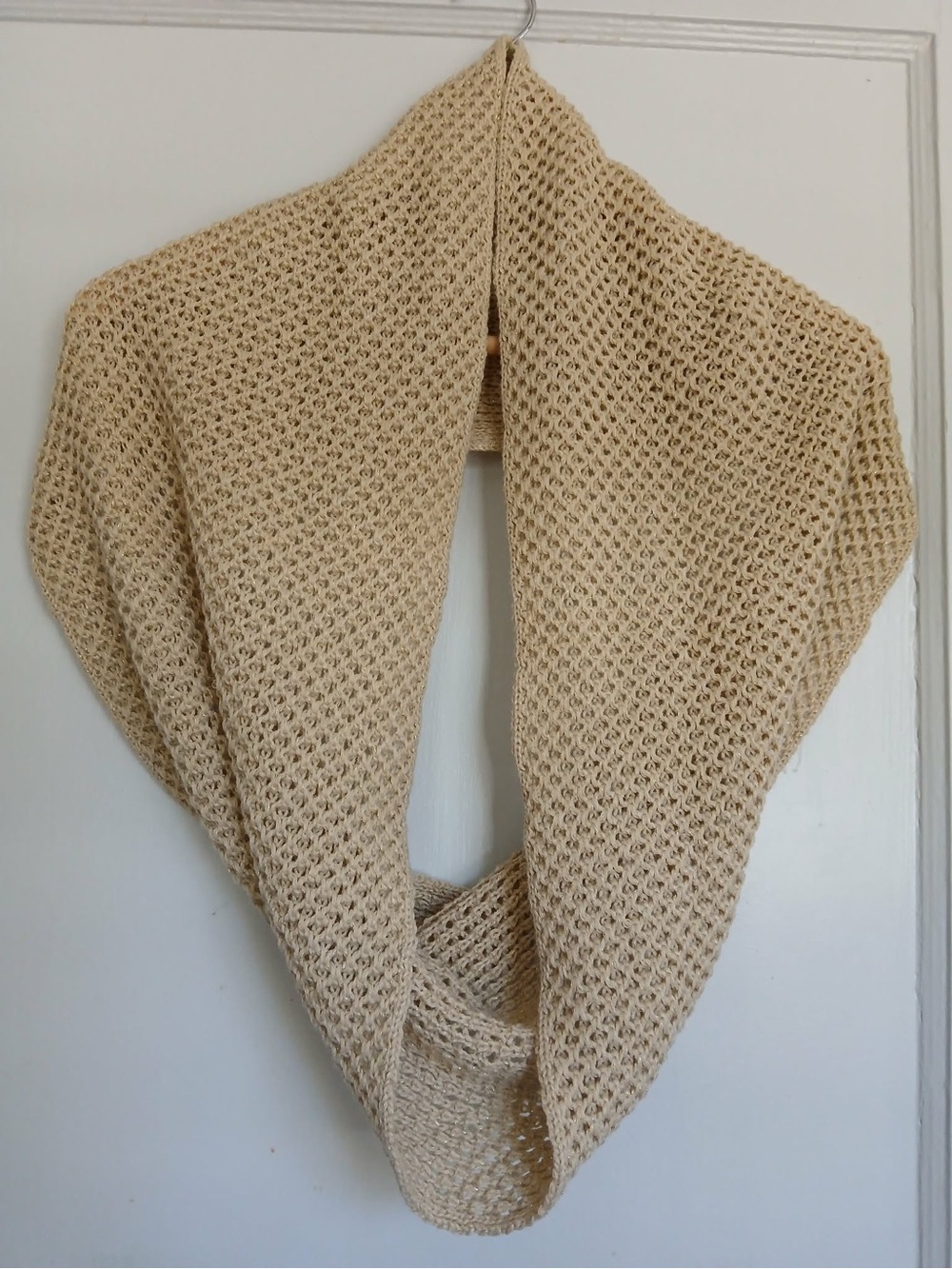 Women’s Cream Beige Open-Knit Infinity Scarf Sweater Wrap - Metallic Accents